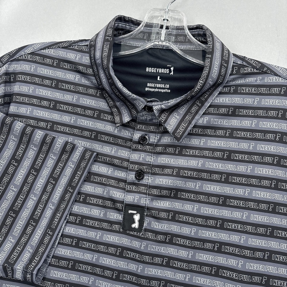 BogeyBros Polo Shirt Mens Large Black Gray‎ Golf I Never Pull Out Allover